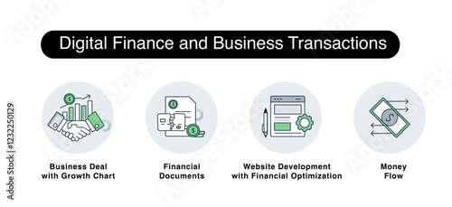 Digital Finance and Business Transactions. Website Development with Financial Optimization, Money Flow, Financial Documents, Business Deal with Growth Chart