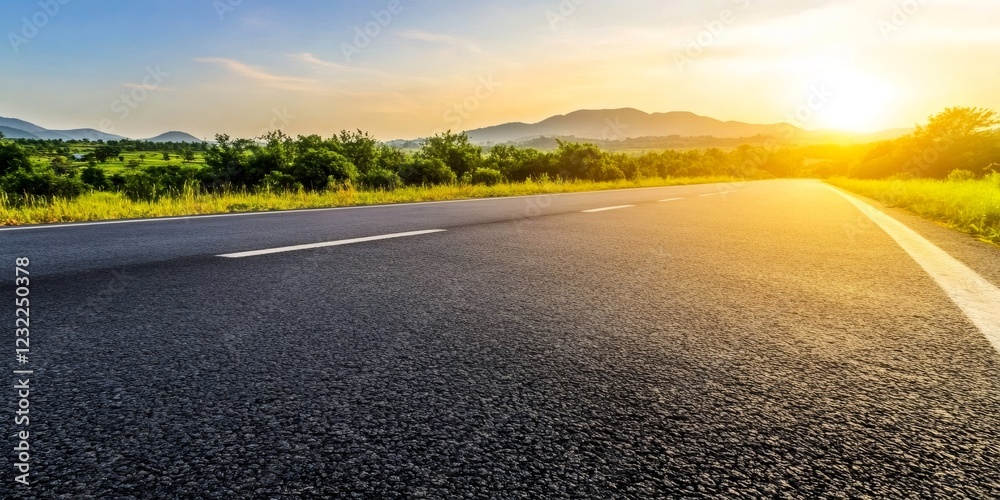 Naklejka premium Scenic view of an empty asphalt road leading into the distance towards a beautiful sunset over mountains and fields