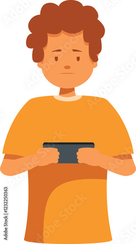 Sad teenager holding smartphone feeling bored and annoyed, mobile phone addiction concept, vector illustration