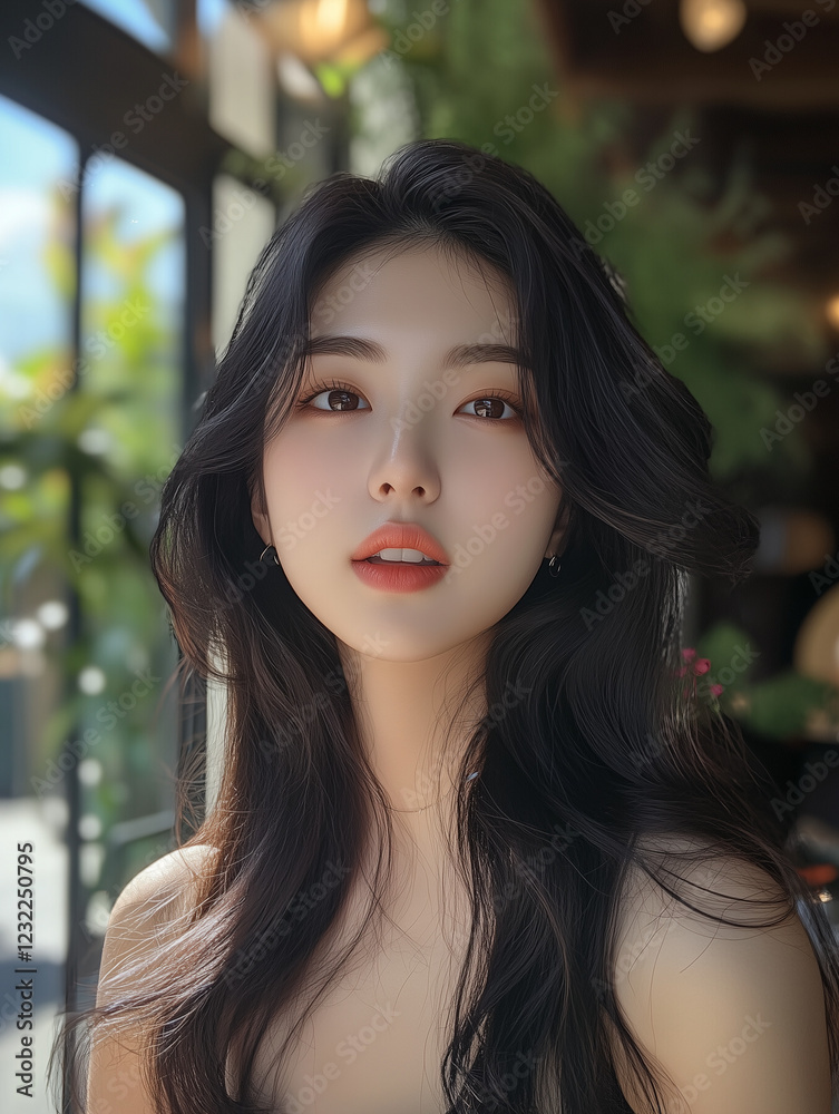 Fototapeta premium Beautiful young Asian woman with long dark hair enjoys natural light in a cozy cafe setting in Korea during afternoon