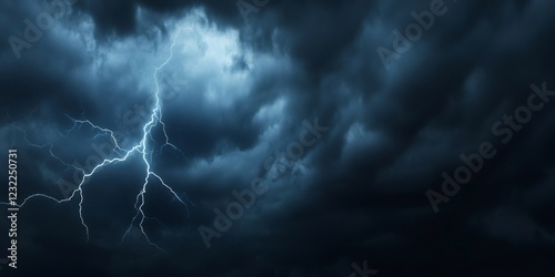 Lightning bolts are illuminating a dramatic stormy sky full of dark clouds, creating a powerful and intense atmosphere