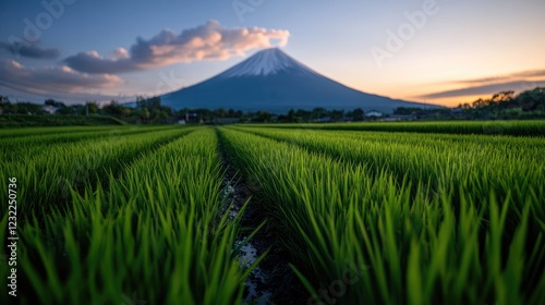 Serene Sunset over Mount Fuji and Rice Paddy Fields