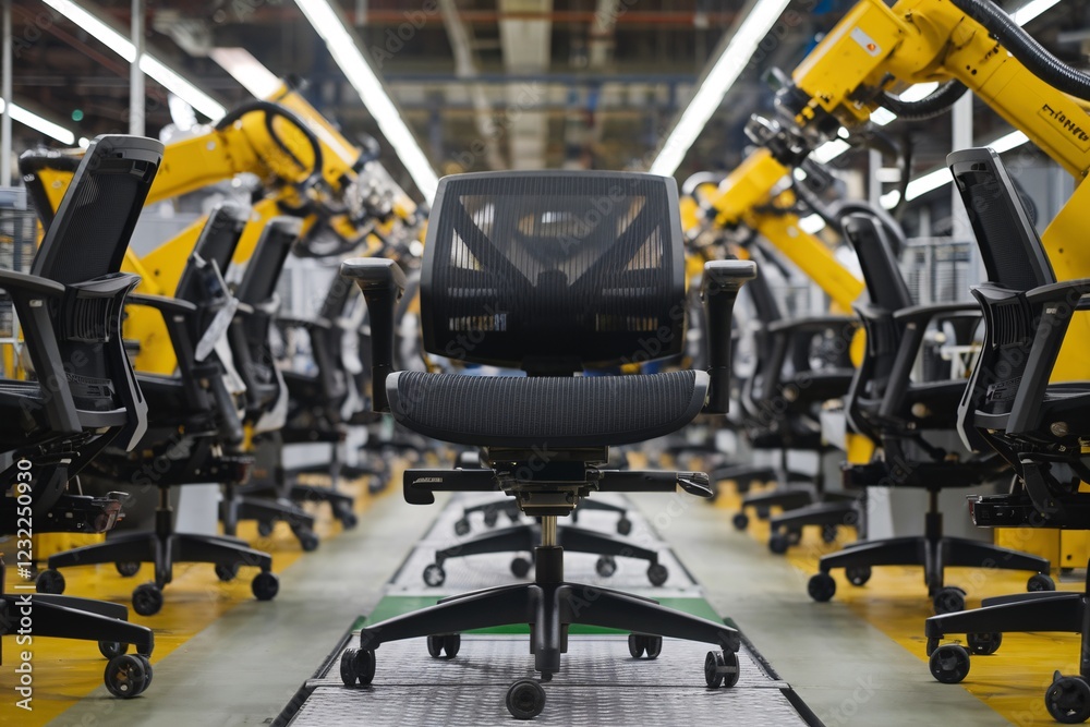 Automated Chair Assembly Line in Modern Factory. A modern factory assembly line shows robotic arms and human workers collaborating to manufacture office chairs. Automated Chair Assembly Line in Modern Factory. A modern factory assembly line shows robotic arms and human workers collaborating to manufacture office chairs.