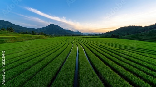 Serene Sunset over Lush Green Rice Terraces
