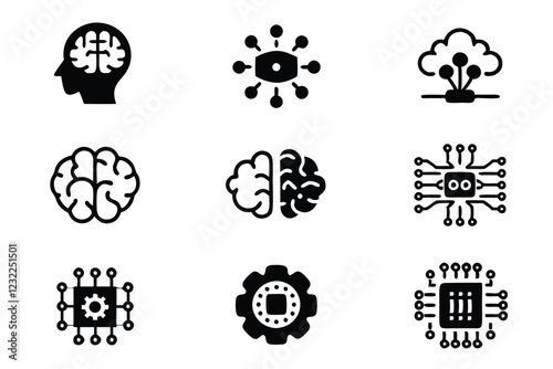 Create a clean, editable line icon set depicting various aspects of Artificial Intelligence  neural networks, robots, data processing, machine learning, etc.