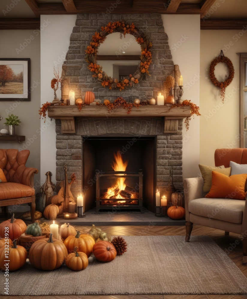 Obraz premium Cozy living room with Thanksgiving decorations and fireplace , cozy, fall decor