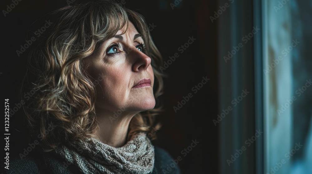Woman looking up, by window, soft lighting. Woman looking up, by window, soft lighting.