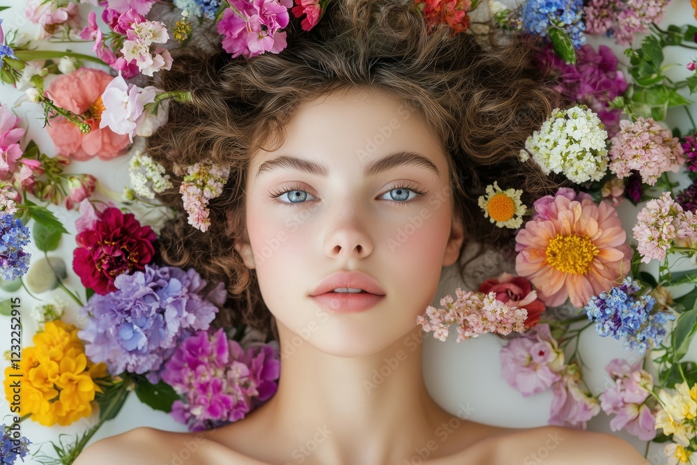 Top shot flat lay of a beautiful young woman face surrounded by various colorful flowers.Top shot flat lay of a beautiful young woman face surrounded by various colorful flowers. Top shot flat lay of a beautiful young woman face surrounded by various colorful flowers.Top shot flat lay of a beautiful young woman face surrounded by various colorful flowers.