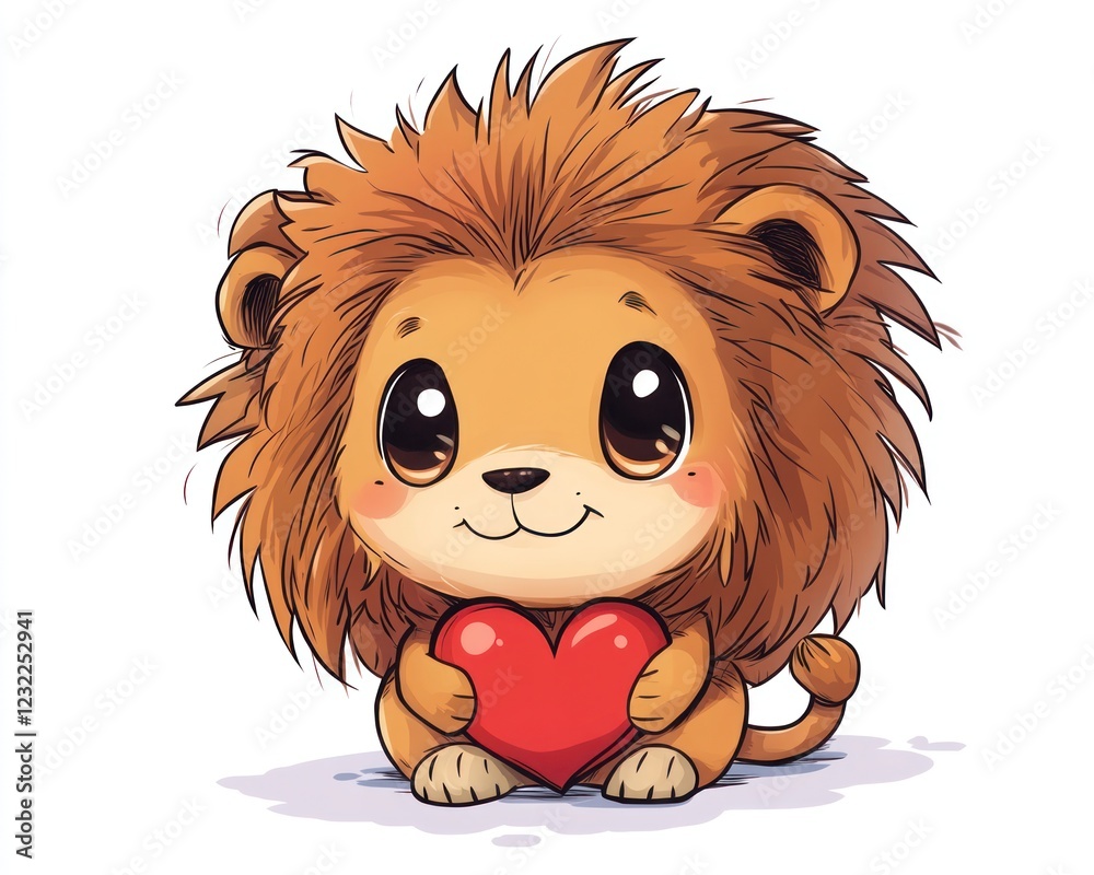 Fototapeta premium Cute lion cub holding heart, white background, Valentine's card (3)