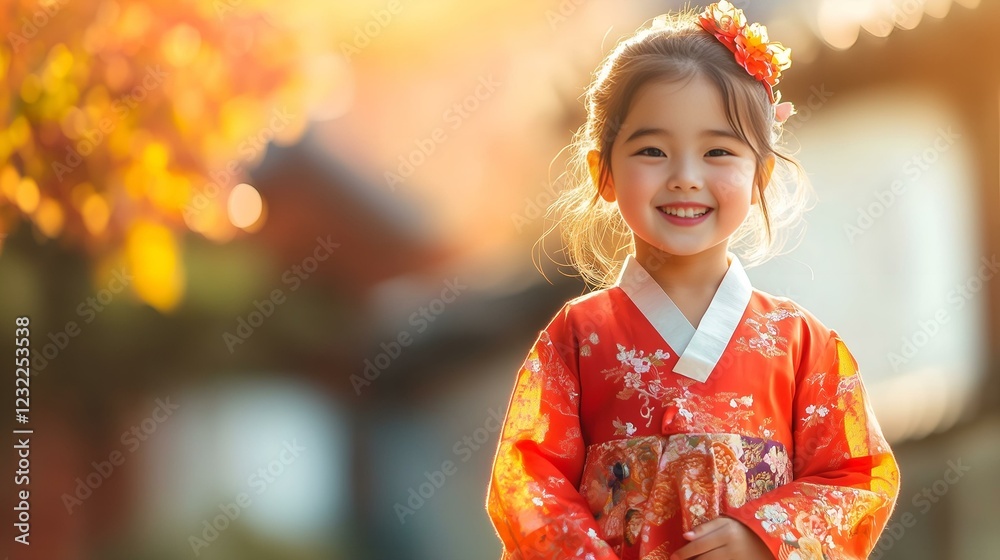 Smiling young girl wearing a traditional kimono in a sunlit outdoor setting with warm autumn tones Smiling young girl wearing a traditional kimono in a sunlit outdoor setting with warm autumn tones