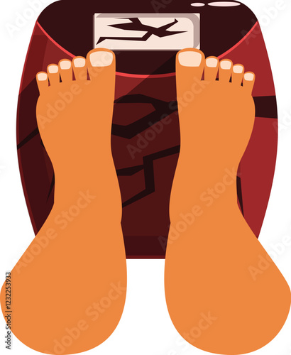 Bare feet standing on a broken weighing scale indicating excessive weight gain and unhealthy lifestyle