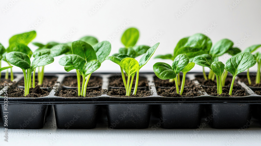 Green seedlings sprouting in propagation tray symbolizing garden renewal, hope, life cycle Green seedlings sprouting in propagation tray symbolizing garden renewal, hope, life cycle