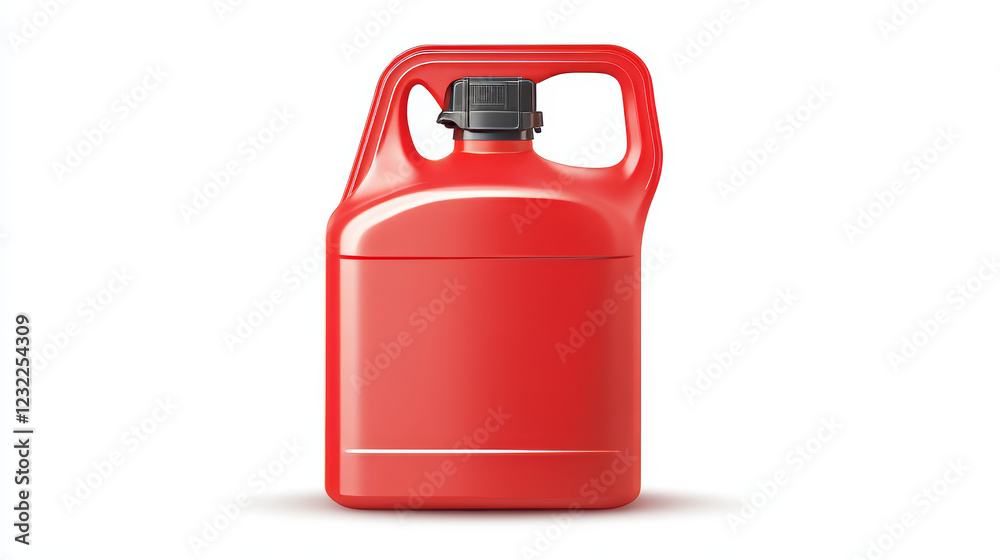 Red plastic canister for liquid fuel, chlorine, motor oil, car lubricant or detergent. Vector realistic mockup of gallon bottle with cap and handle, blank jerrycan isolated on white background Red plastic canister for liquid fuel, chlorine, motor oil, car lubricant or detergent. Vector realistic mockup of gallon bottle with cap and handle, blank jerrycan isolated on white background