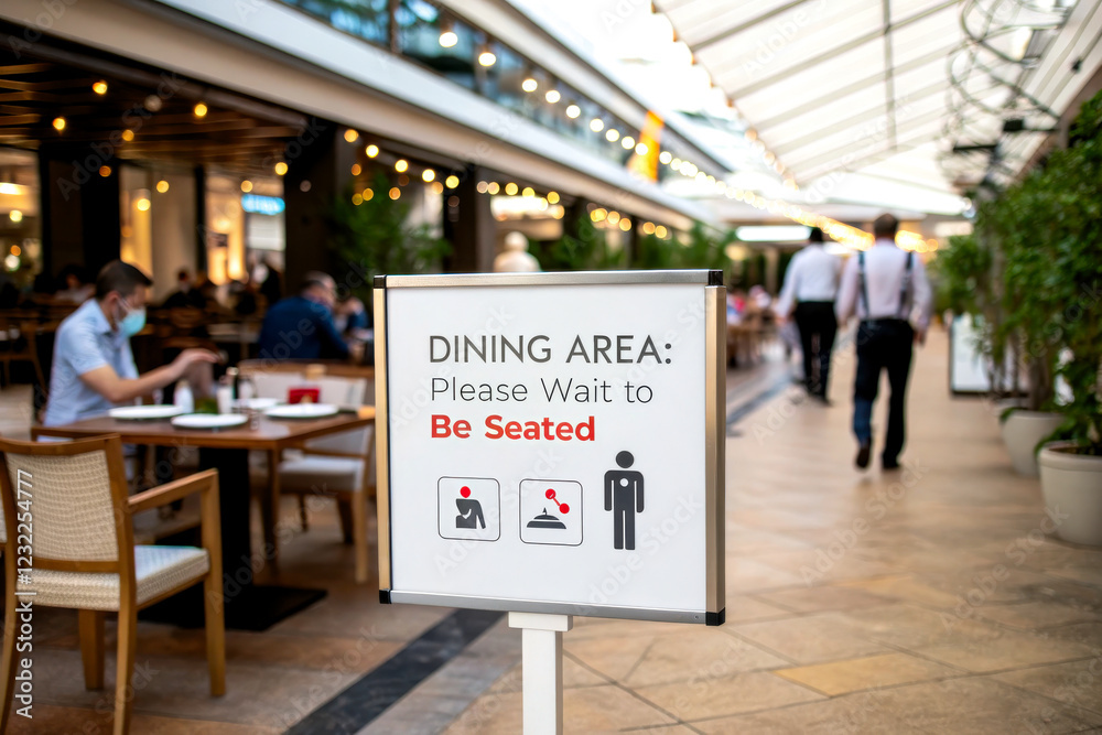 Obraz premium A sign directs patrons to the dining area, indicating they should wait to be seated, amidst a bustling restaurant environment.