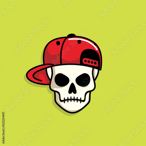 Cartoon skull character in red snapback hat. Cool skull with expression angry. Sticker collection can be use as logo, symbol, icon.