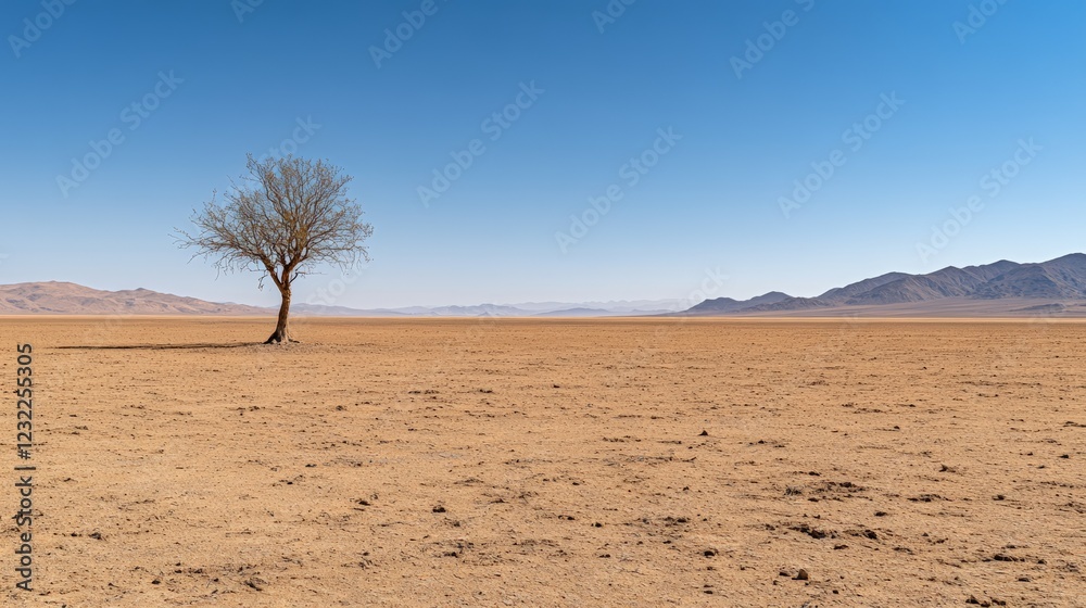 Lone, bare tree stands in the center of a vast, arid desert landscape, casting a long shadow under the clear blue sky, with distant mountains visible on the horizon Lone, bare tree stands in the center of a vast, arid desert landscape, casting a long shadow under the clear blue sky, with distant mountains visible on the horizon