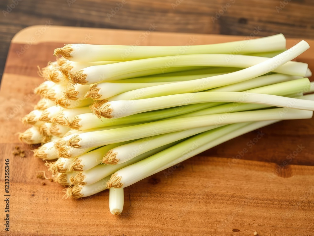 Delicate fresh spring onions stacked in a neat layer on a rustic wooden cutting board, kitchen utensils, rustic wood Delicate fresh spring onions stacked in a neat layer on a rustic wooden cutting board, kitchen utensils, rustic wood