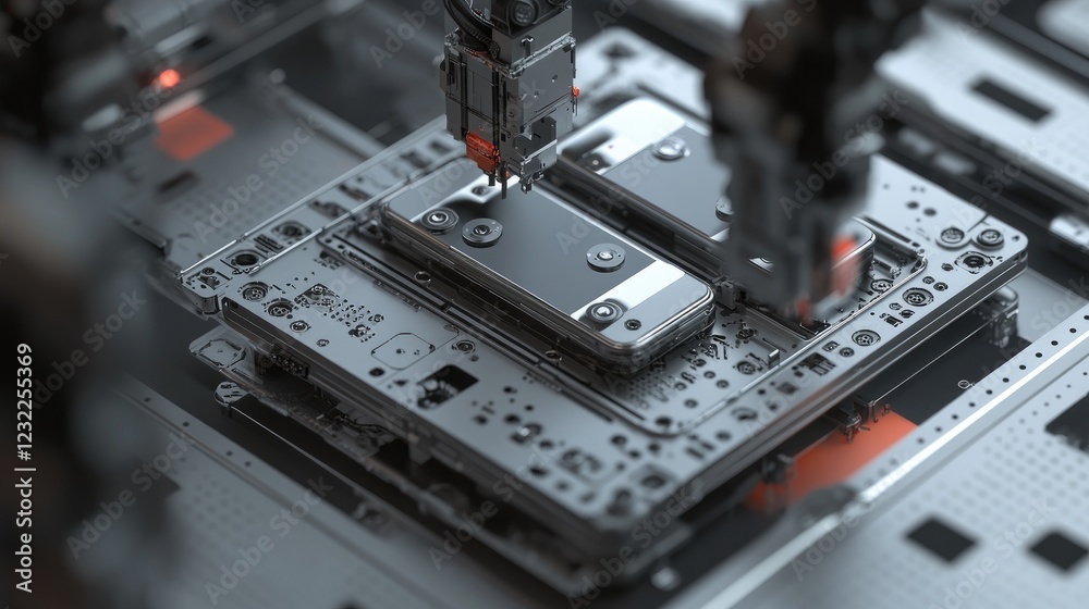 A modern assembly line with robotic precision arms working on smartphones, industrial grey background. A modern assembly line with robotic precision arms working on smartphones, industrial grey background.