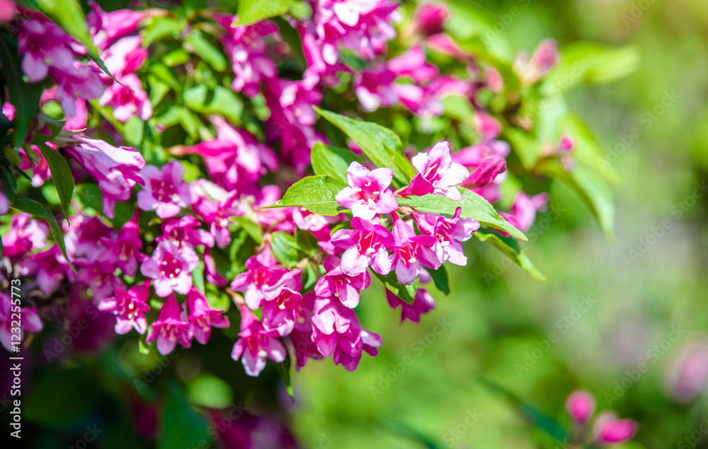 pink weigela blooms in the Botanical garden pink weigela blooms in the Botanical garden