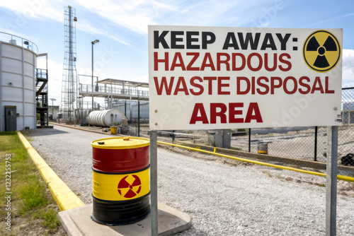 A warning sign indicates a hazardous waste disposal area, featuring a radioactive symbol and instructions to keep away for safety. photo