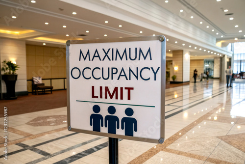 A sign indicating the maximum occupancy limit in a spacious indoor area, emphasizing safety and crowd control in public spaces. photo