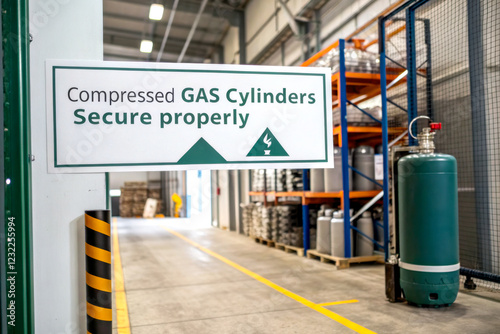 A safety sign in a warehouse advises proper storage of compressed gas cylinders, with a visible gas cylinder in the foreground.