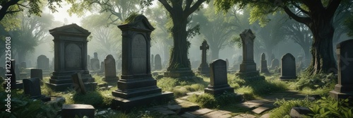 Dense foliage engulfing crumbling gravestones and mausoleums in a forgotten cemetery, overgrown tombs, abandoned burial sites, forgotten cemeteries