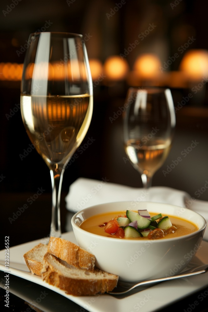 Gazpacho: A chilled bowl of tomato-based soup with a smooth texture, garnished with diced cucumber, onion, green bell peppers, and a drizzle of olive oil. Gazpacho: A chilled bowl of tomato-based soup with a smooth texture, garnished with diced cucumber, onion, green bell peppers, and a drizzle of olive oil.