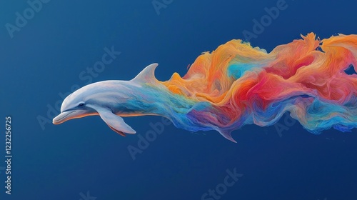 Abstract Dolphin Painting with Glowing Patterns and Vibrant Colors in a Deep Blue Background photo