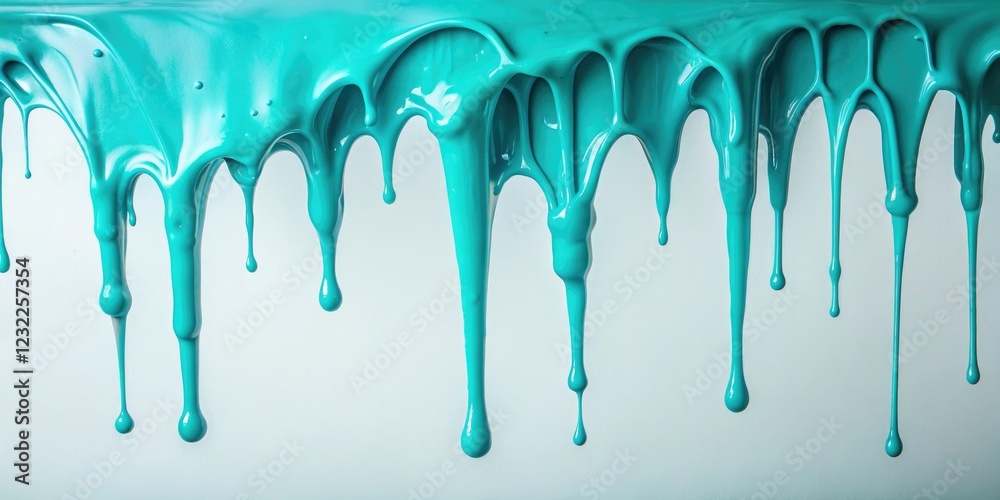Naklejka premium Dripping Slime on White Background with Cyan Hue, liquid fall, gelatinous texture, dripping down, eerie atmosphere, pure color scheme