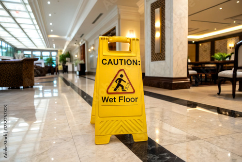 A bright yellow caution sign warns of a wet floor in a well-lit, elegant interior space, highlighting safety in public areas.