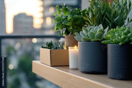 An elegant arrangement of lush greenery and a lit candle on a balcony, symbolizing peace and prosperity while inviting tranquility and warmth to outdoor living. photo