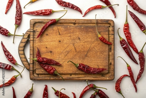 Dry red chili peppers scattered across a vintage wooden chopping board, dry, pepper, chili, scattering, chopboard photo