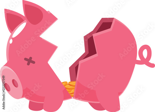 Broken piggy bank revealing few coins, symbolizing bankruptcy, financial crisis, economic hardship, and lack of savings