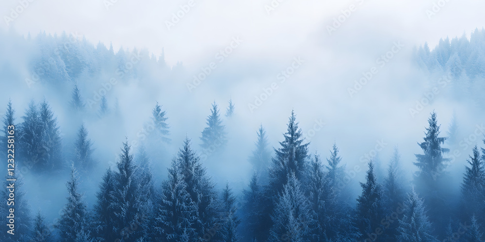 Obraz premium Mystical Forest Foggy Landscape, Enchanting Pine Trees in Mist, Serene Nature Beauty, Blue Toned Woodland Scene