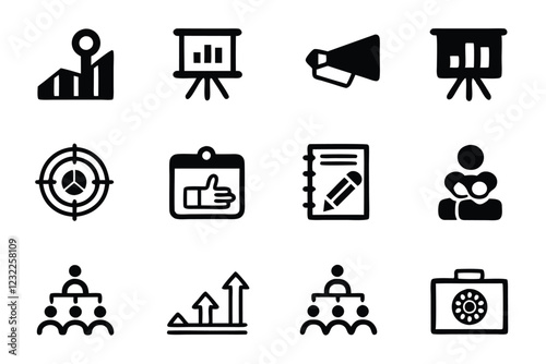 Create a clean, editable icon set representing core brand strategy elements target audience, messaging, positioning, competitive analysis, and brand identity.