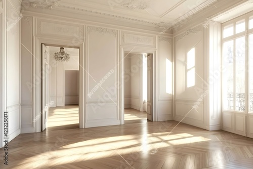 A 3D visualization of a roomy minimalist Scandinavian space featuring a wooden floor, expansive white walls, and a tranquil Nordic-inspired interior design.