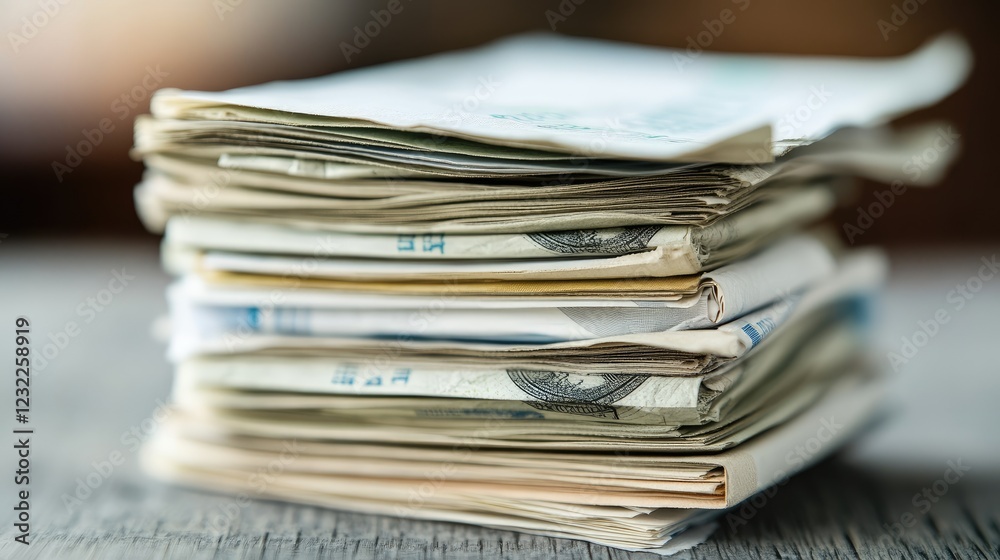 A stack of organized expense receipts, clean grey background.