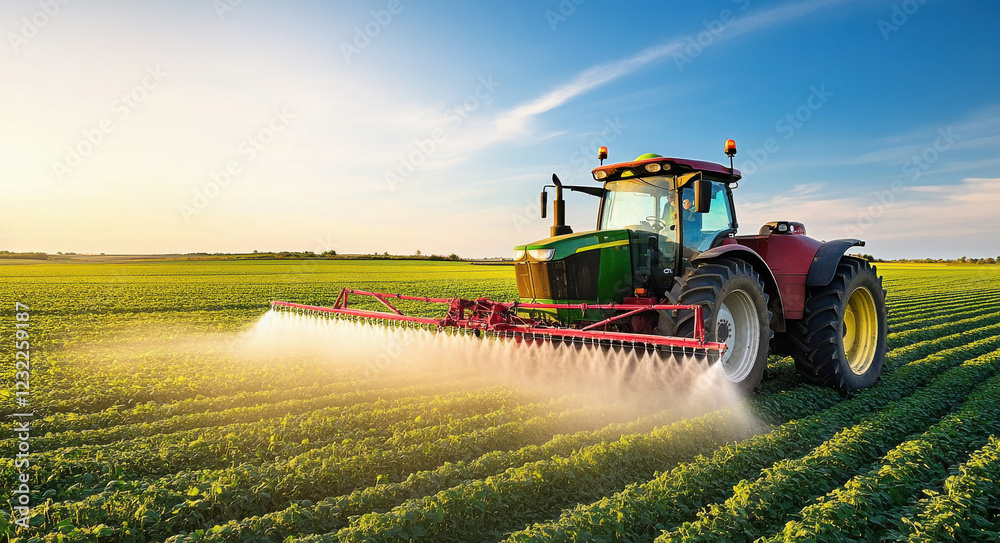A tractor spraying liquid in a round spray pattern on a green field A tractor spraying liquid in a round spray pattern on a green field