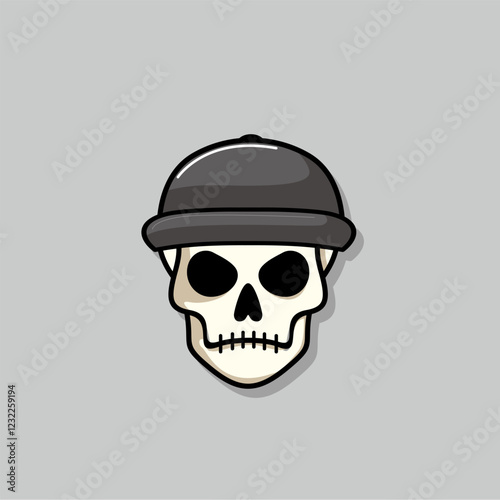 Cartoon skull character in grey snapback hat. Cool skull with expression angry. Sticker collection can be use as logo, symbol, icon.