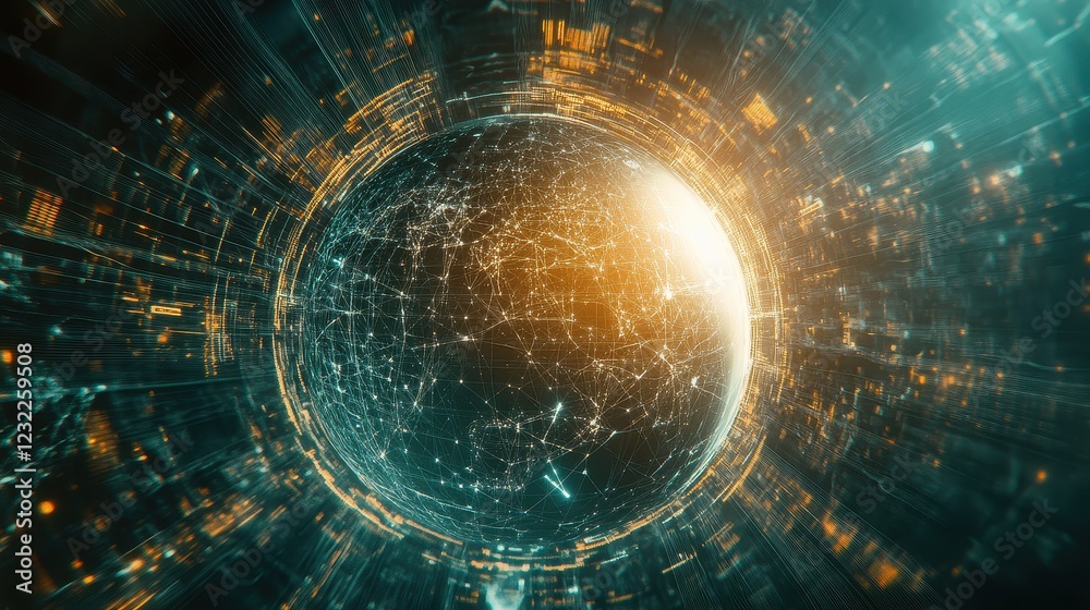 Fototapeta premium A futuristic representation of global connections, a globe surrounded by spinning holographic data points, sci-fi, high resolution, vibrant tones. 