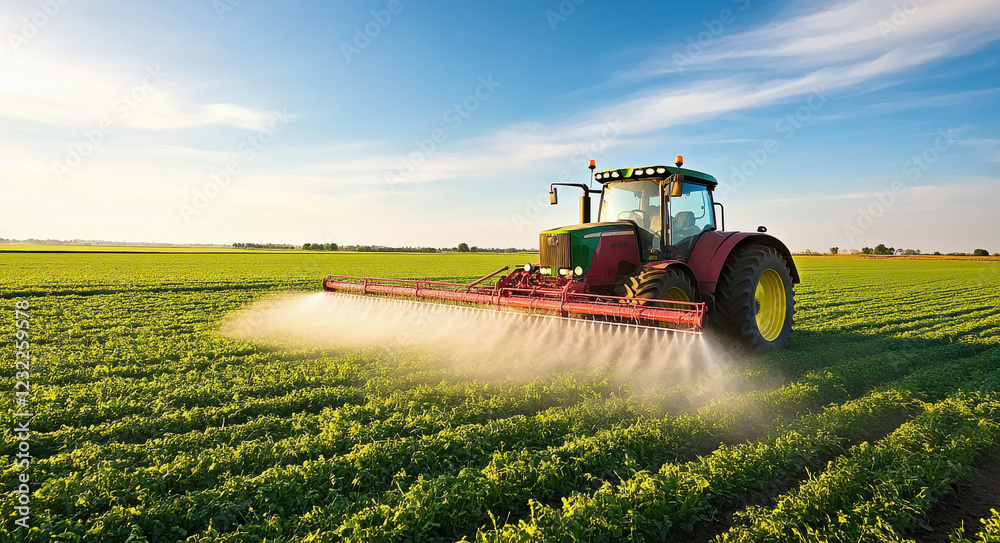 Fototapeta premium A tractor spraying liquid in a round spray pattern on a green field