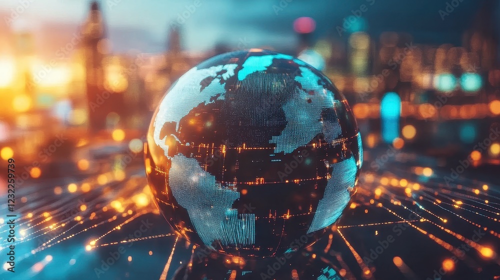 Fototapeta premium A futuristic representation of global connections, a globe surrounded by spinning holographic data points, sci-fi, high resolution, vibrant tones. 