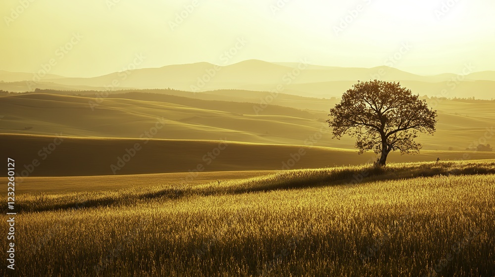 Fototapeta premium Golden Sunrise Over Rolling Hills with a Lone Tree in Focus, Evoking Tranquility and Harmony with Nature