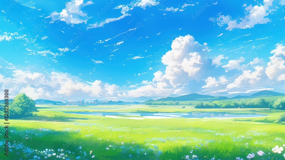 Bright and Lush Anime Meadow Scene Under a Blue Sky Filled with Fluffy White Clouds and Beautiful Green Landscape in a Serene Environment Bright and Lush Anime Meadow Scene Under a Blue Sky Filled with Fluffy White Clouds and Beautiful Green Landscape in a Serene Environment