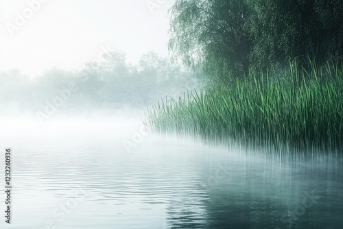 Misty riverbank with reeds and tall grasses in the early morning light, with soft fog rolling over the water, creating a peaceful and serene nature scene.