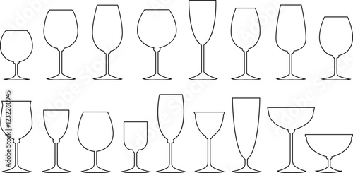 Wine glasses icons set simple symbol of bar, restaurant. isolated on transparent background. Various wine glassline vector black silhouette collection for mobile concept and web design.