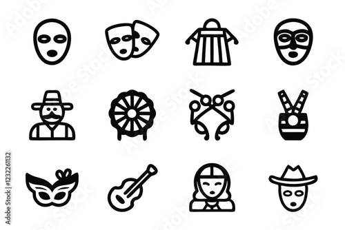 Create a line art icon set depicting diverse cultural symbols, easily editable for various uses.  Include global representation and clean design.