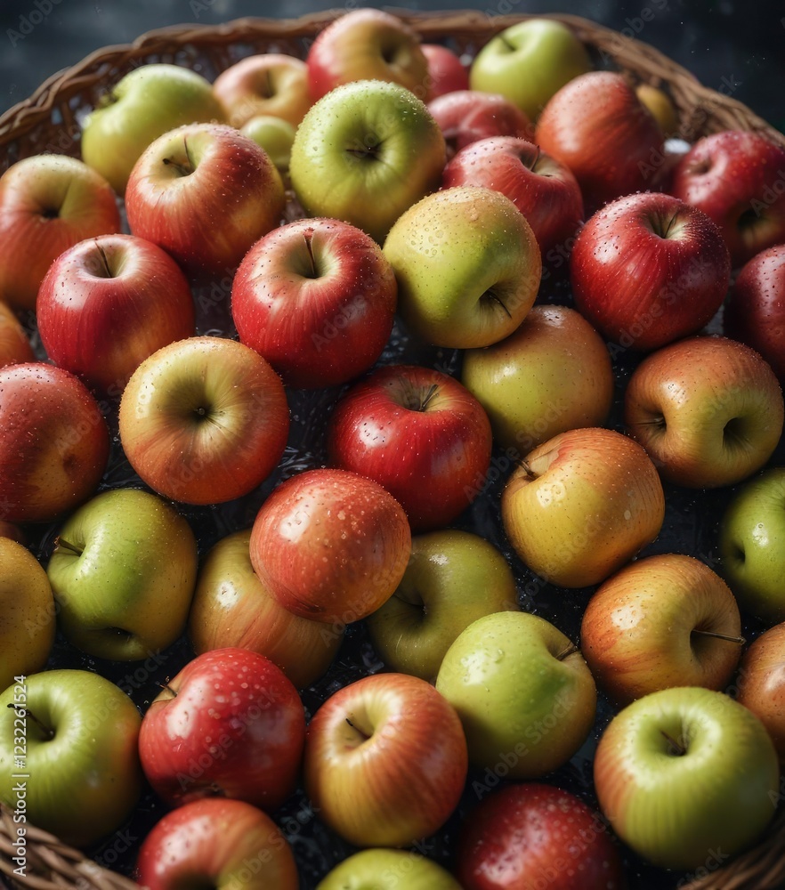 Fresh apples piled high in a basket with a few water droplets , okanagan valley, local produce Fresh apples piled high in a basket with a few water droplets , okanagan valley, local produce