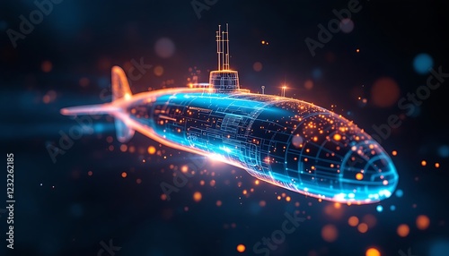 Digital Submarine Wireframe Glowing Blue Orange Dark Background